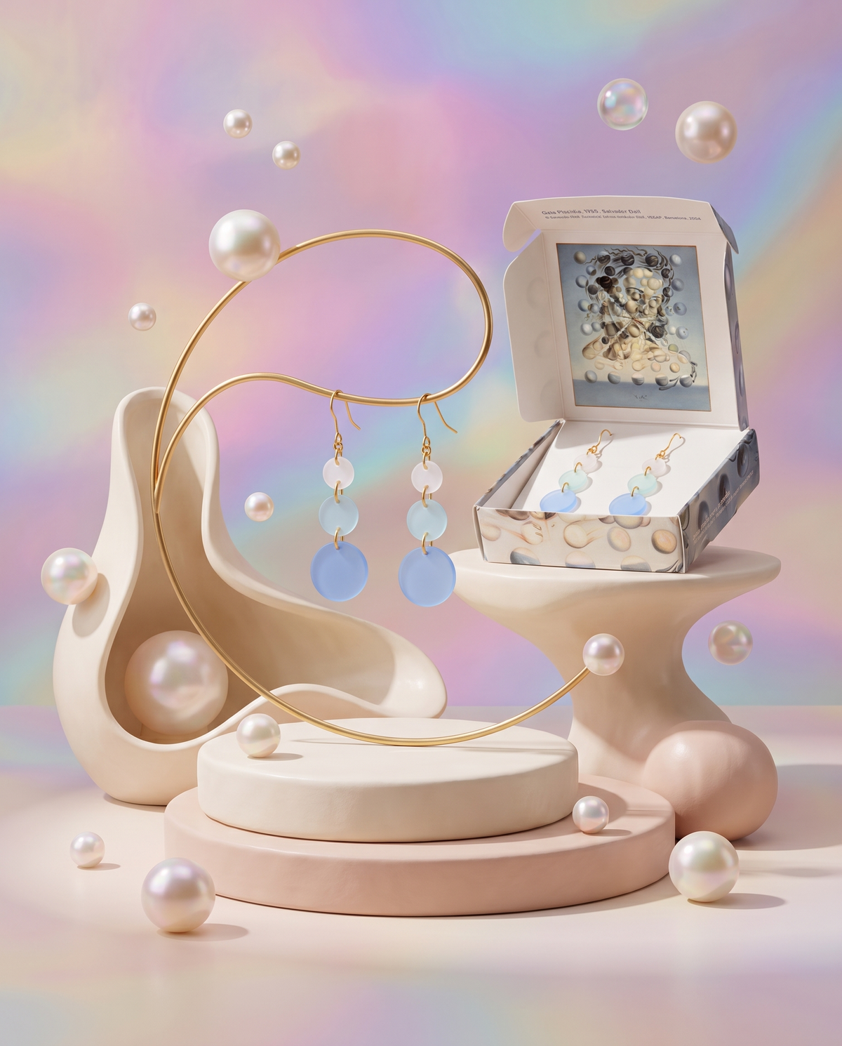 Floating Pearls acrylic earrings with white, pale mint and blue discs displayed with matching Galatea-inspired packaging and pearl accents.