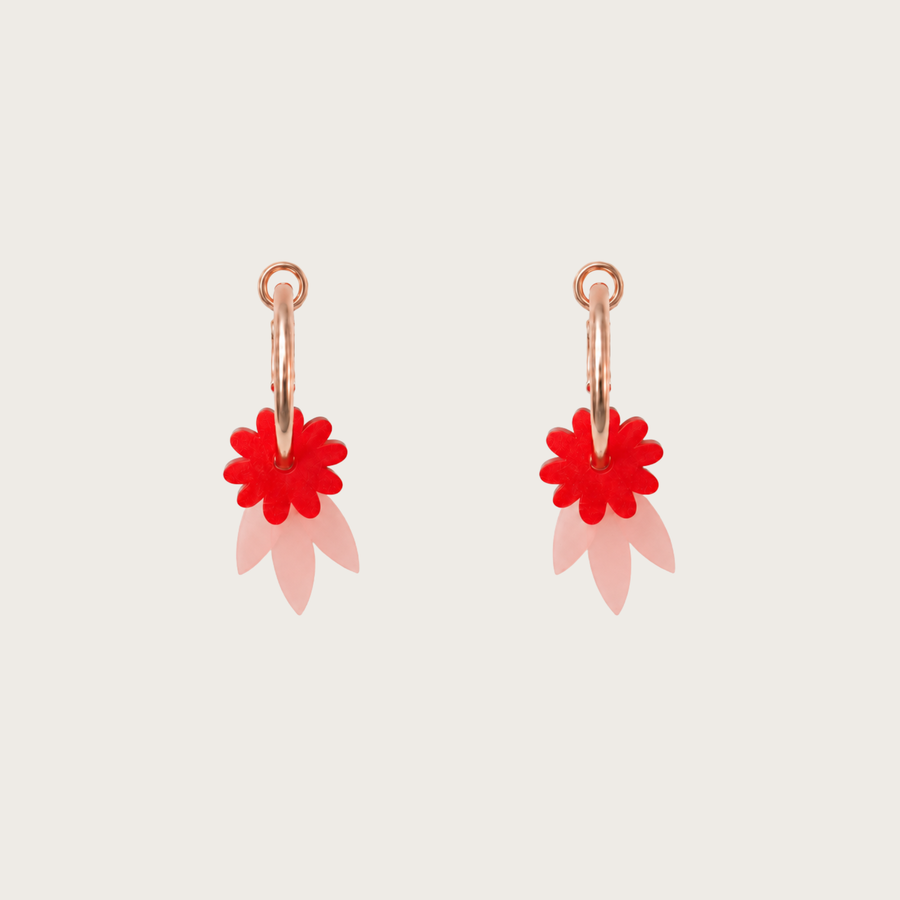 Pair of earrings with red flower-shaped charms on a light gray background
