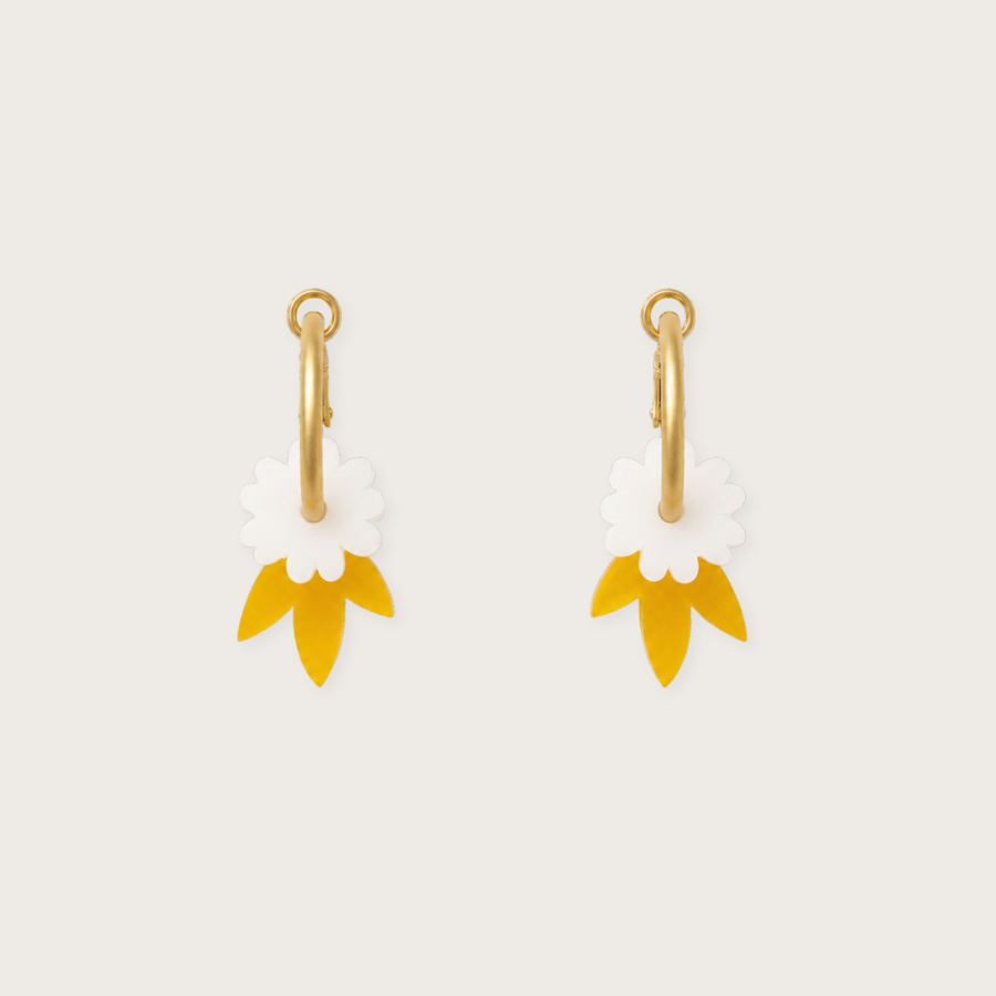 Pair of earrings with gold hooks, white centers, and yellow wings on a light gray background