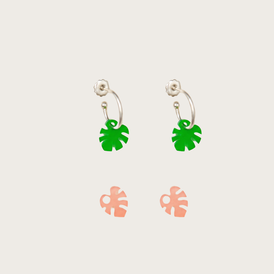 Pendientes Tiny Monstera Verde y Rosa