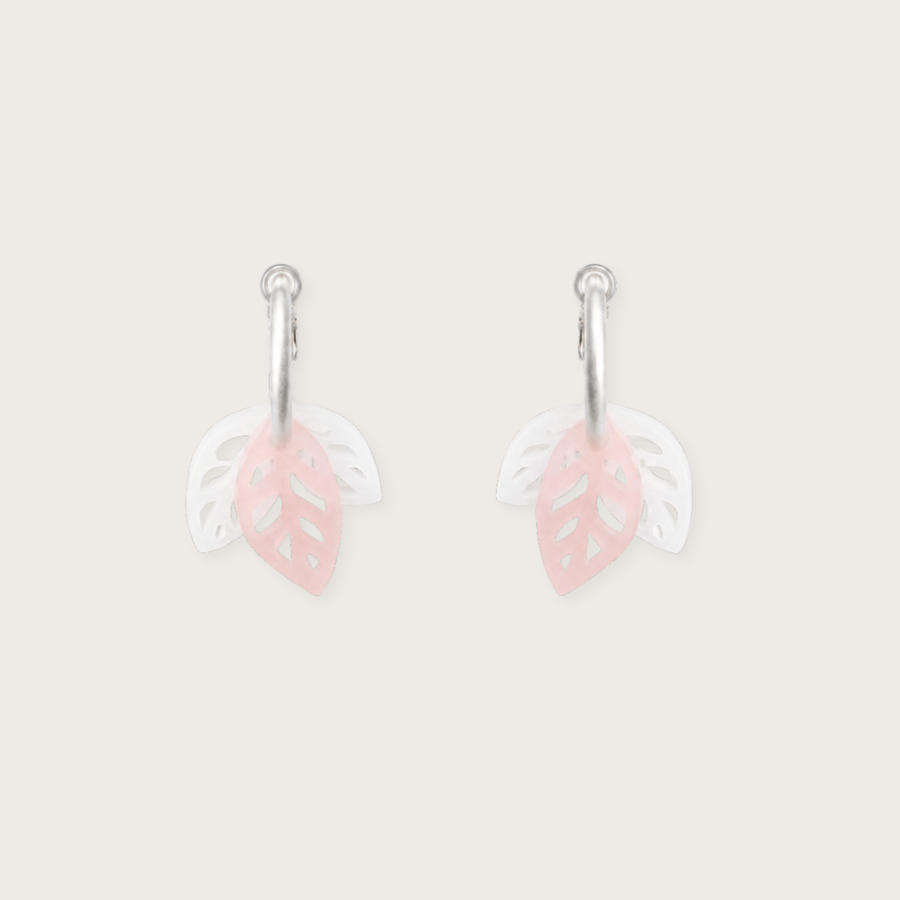 Pair of earrings with pink leaf design on a light gray background